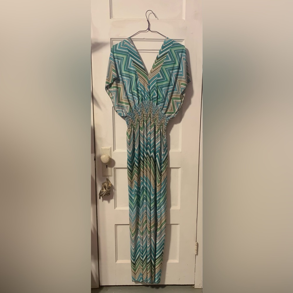 Chevron Print Blue/Green Maxi Dress